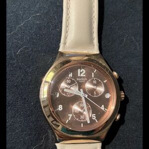 Unisex Gold Irony Swatch Watch With Leather Band Swiss Made
Excellent Condition